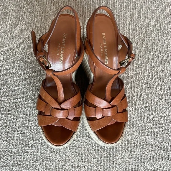 Yves Saint Laurent Tribute Brown Leather Espadrille Wedge Sandals - Picture 2 of 10